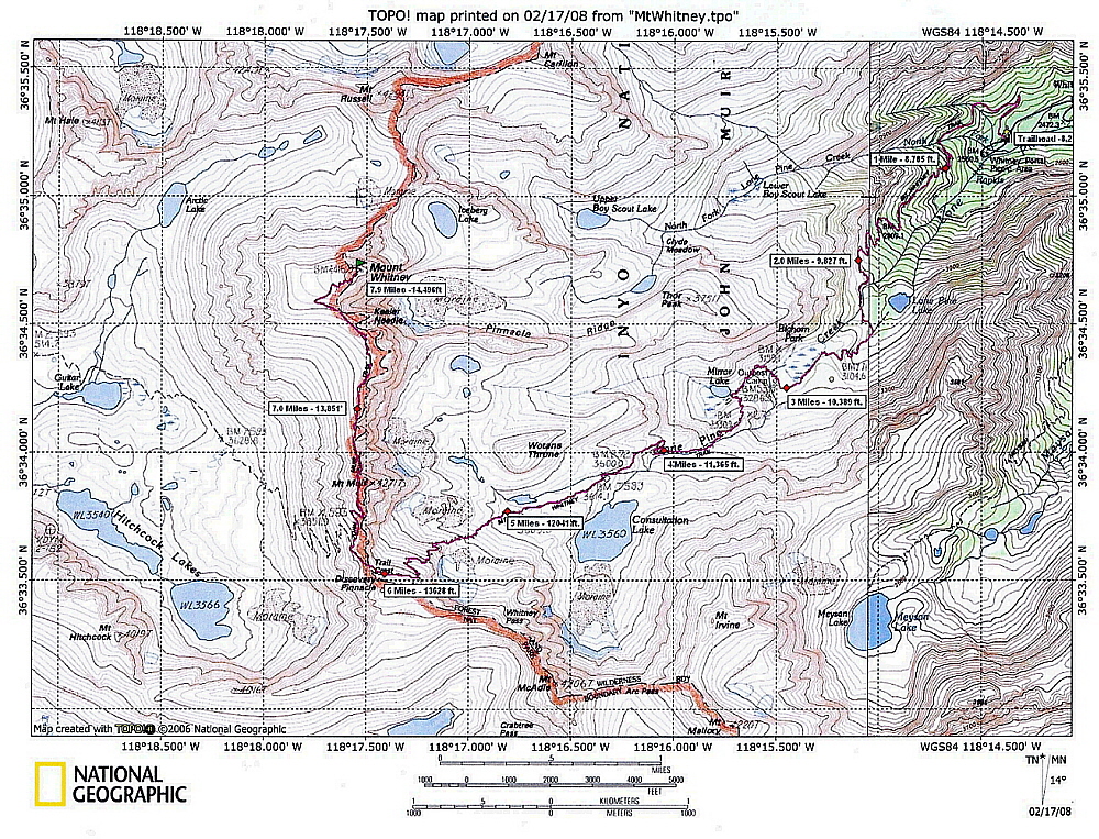 The following topographical Mt Whitney Trail map was generated using TOPO Â©...